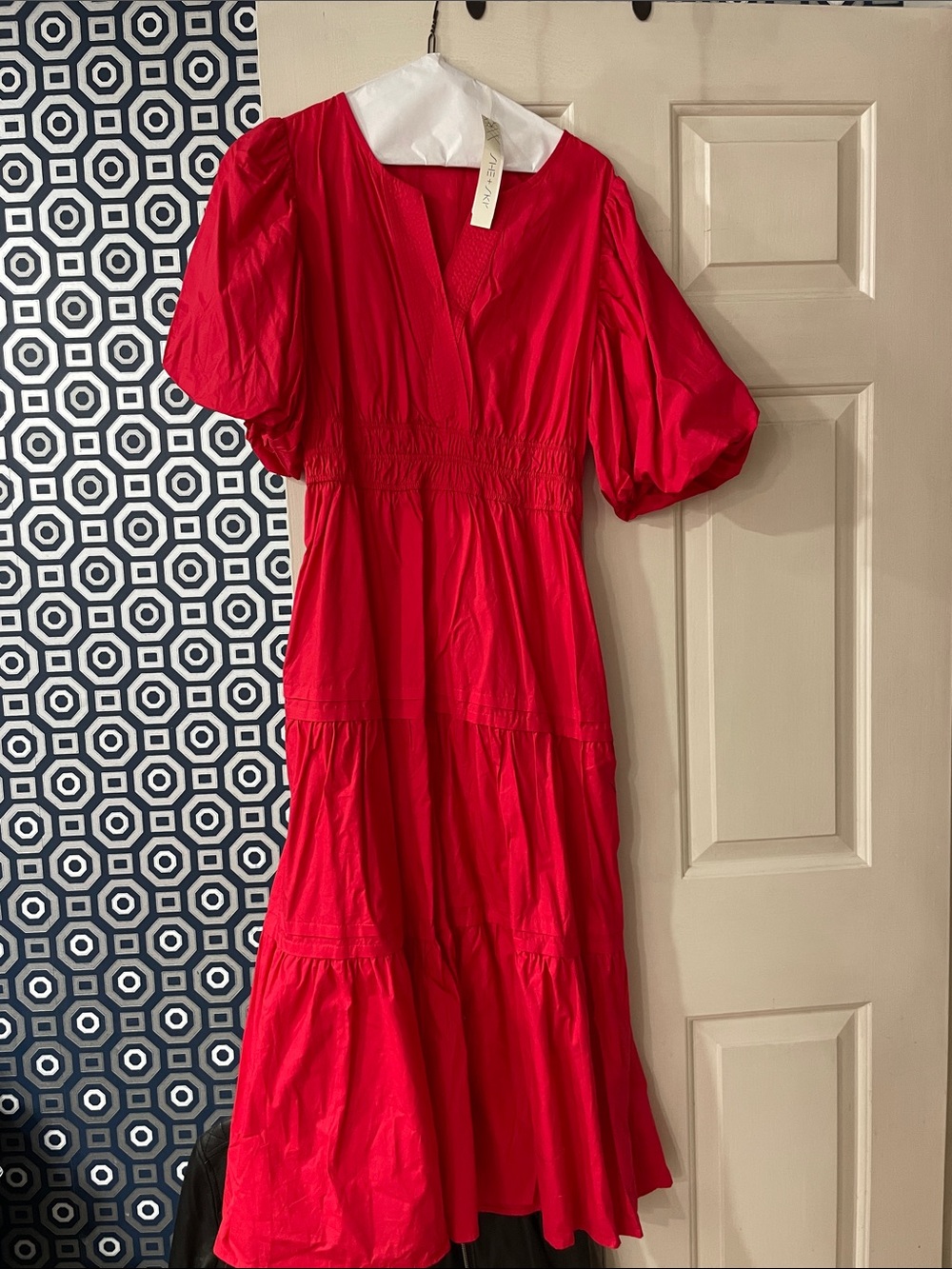Red Puff-Sleeve Tiered Midi Dress - Women
